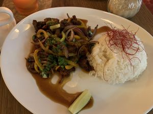 Asian stir-fry julienne vegetable with seitan  at Maitrea in Prague