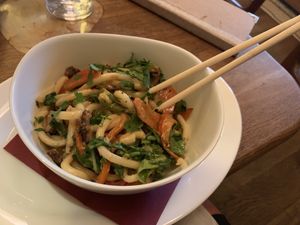 Udon w/peanut sauce. Seitan was a little flavor-heavy. Delicious but warm and quite heavy. Nothing at all wrong with it, but mushrooms a lighter broth would have been my pref. at Maitrea in Prague