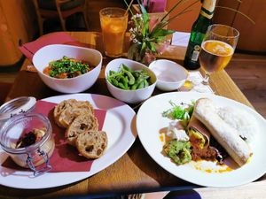 The quesadilla with tomatoes, the udon noodles with peanut sauce, the tofoie gras and edamame. at Maitrea in Prague