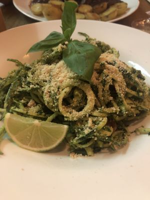 Raw (cold) pesto spaghetti, highly recommend! at Maitrea in Prague
