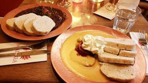 Spicy goulash with vegan soya pieces (vegan) and traditional “Svíčková“ at Maitrea in Prague