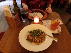 Udon noodles with peanut & ginger sauce, seitan pieces and vegetables. Super tasty! at Maitrea in Prague
