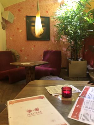 You can sit at high or low seat. They have two floors. This is downstairs and even more cosy then downstairs at Maitrea in Prague