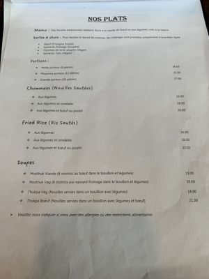 Menu  at Tibet Café in Geneva
