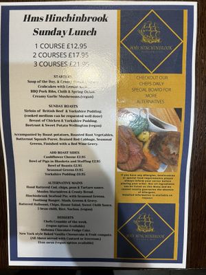 Sunday menu with vegan options at HMS Hinchinbrook in Great Yarmouth