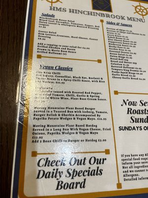 Main vegan menu at HMS Hinchinbrook in Great Yarmouth