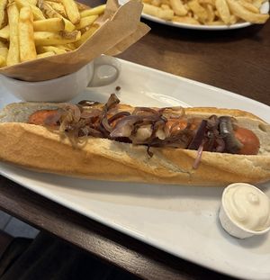 Vegan hotdog and friess which  at HMS Hinchinbrook in Great Yarmouth
