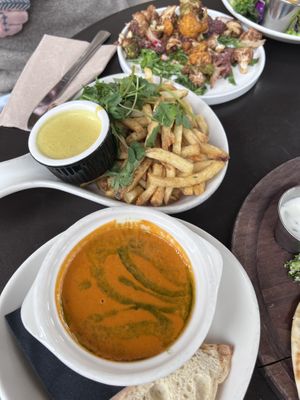 Tomato soup, curry fries, and rainbow cauliflower  #Veganuary at Panama 66 in San Diego