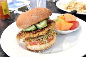 vegan burger on gluten free bun
 at The Trails Eatery in San Diego