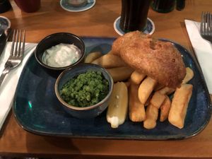 Banana blossom fish and chips  at The Harbourside Inn in St Austell