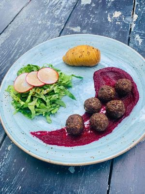 Beetroot Mash 
Kofte salad and baked potato  at Grön Vegan Yard in Nicosia