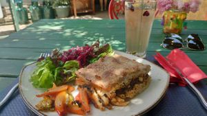 Daily menu pasta bake with sides and homemade kombucha at Grön Vegan Yard in Nicosia