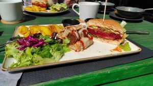 Beetroot burger and daily menu (meetless meatball Italian sub) at Grön Vegan Yard in Nicosia