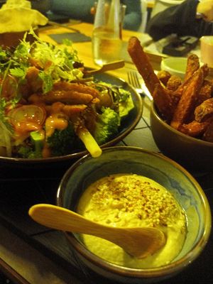 Buddha bowl with soy 'meat' is amazing at Jāņoga in Cesis