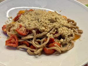 Pincinelle with confit tomatoes and bread crumble  at Nonna Rina in Fabriano