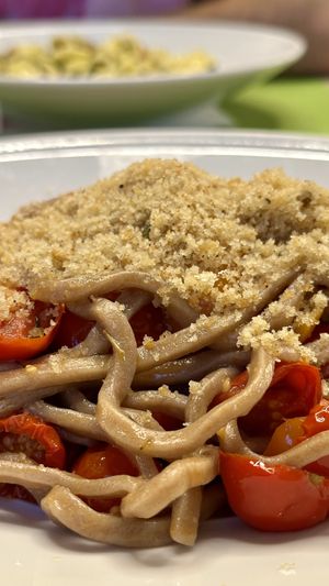 Pincinelle with confit tomatoes and bread crumble  at Nonna Rina in Fabriano
