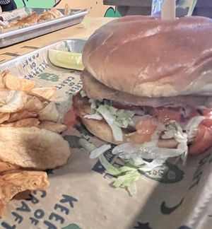 Crispy chicken sandwich. Good texture    at One Well Brewing in Kalamazoo