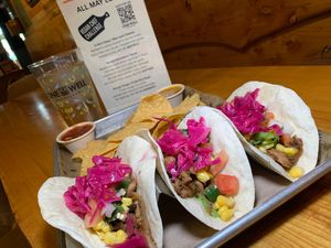 Bangin Boomers Tacos: Mushroom & Onion Carnitas, Corn Pico de Gallo, Chimichurri, Pickled Red Cabbage, Flour Tortillas, Chips, Salsa & Nacho Sauce (Kalamazoo Vegan Chef Challenge 5/25) at One Well Brewing in Kalamazoo