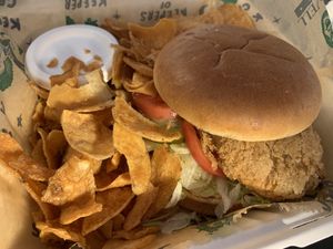 Vegan chicken sandwich with house made chips at One Well Brewing in Kalamazoo