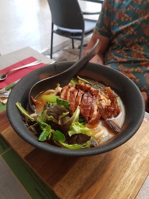 Soup with Vegan duck at SU in Klagenfurt