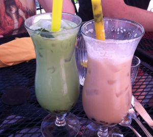 Matcha and chai boba tea at Shangri-La Tea Room and Vegetarian Restaurant in Boise