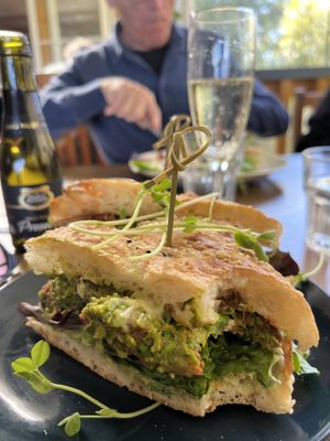 Crunchy chickpea burger on Turkish pide - all v🌱 🌱  at The Barn on Flaxton in Sunshine Coast