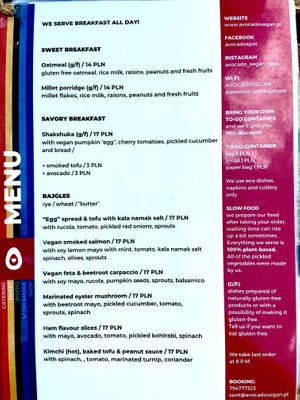 Menu 1 of 5, July 2021. Note that while the bagel with ham slices is specified to contain avocado, the Polish version does not mention this. Make sure that they add avocado if their English menu remains unaltered.  at Avocado Spot in Gdansk