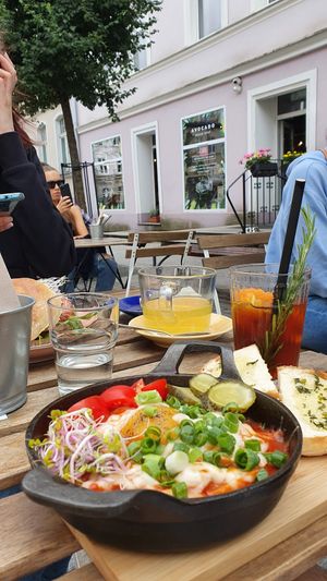 Shakshuka, cascara & green tea at Avocado Spot in Gdansk