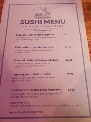 Sushi menu (weekend only) at Avocado Spot in Gdansk