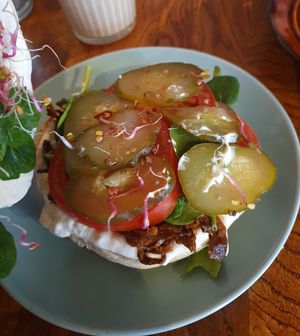 Inside mushroom bagel at Avocado Spot in Gdansk