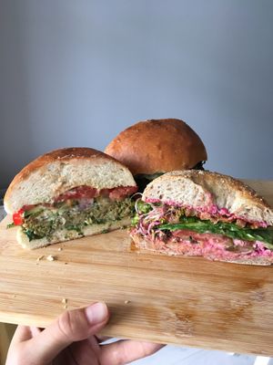 Monster burger and rye bagel with marinated oyster mushroom at Avocado Spot in Gdansk