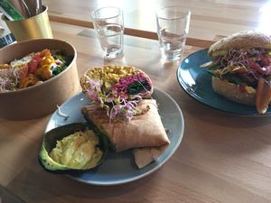 Kimchi bowl, spor wrap and salmon bagel at Avocado Spot in Gdansk