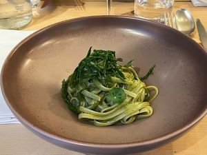 Green Sea Linguine, sweet garlic cream, wakame seaweed, nori, glasswort, phytoplankton  at Aromaticus - Trastevere in Rome