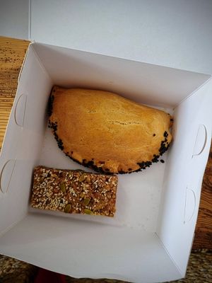 Empanada and granola bar at Two Magpies Bakery in Southwold