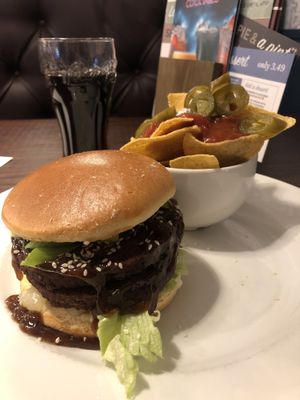 Double Korean soya burger with nachos 💚 at Phoenix in Tamworth