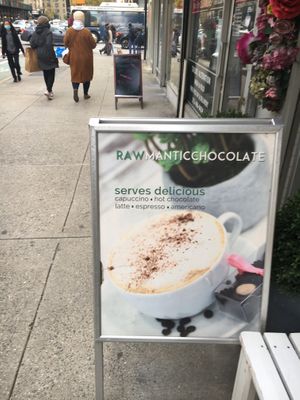 Placard advertising their hot chocolate. at Rawmantic Chocolate in New York City