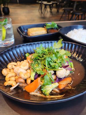 Tofu in ginger and soy and crispy spring rolls at WOK - Christianshavn in Copenhagen