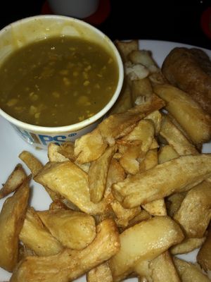 Chips n curry n seitan sausage  at Lanchester Fish Bar in Lanchester