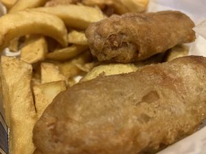 Battered VG sausage and chips   at Lanchester Fish Bar in Lanchester