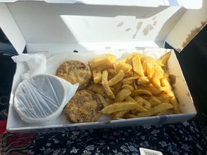 Vegan haggis, chips and gravy   at Lanchester Fish Bar in Lanchester