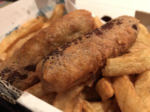 Linda McCartney battered sausages & chips  at Lanchester Fish Bar in Lanchester