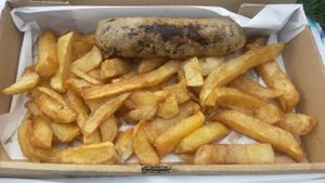 Battered vegan Lincolnshire sausage and chips at Lanchester Fish Bar in Lanchester