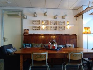 One of the tables inside at Jippies Kattencafe in Haarlem