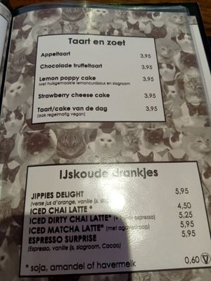 Menu for cakes and cold drinks at Jippies Kattencafe in Haarlem