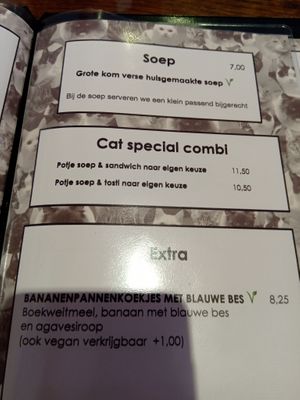 Menu with soup and pancakes at Jippies Kattencafe in Haarlem