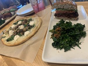 Veggie burger with kale salad (note that you’re vegan bc they normally put cheese on it) and mushroom/spinach pizza.   at True Food Kitchen in Jacksonville