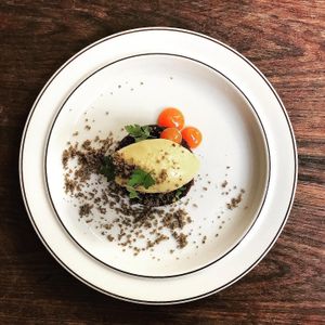 Roasted corn ice cream, chocolate and papaya at Patu in Amsterdam