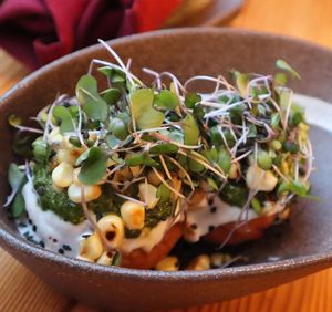 Sweet Potato Dumplings with green onion chutney at Mahila in San Francisco