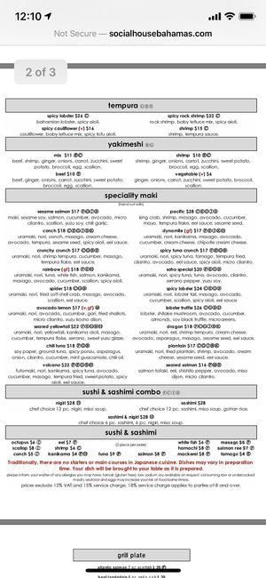 Menu at Social House Sushi & Grill in Nassau