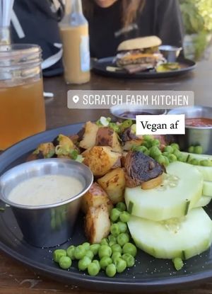 Hash with a side of Vegan Ranch & Beet Ketchup  // Cucumber with Sriracha sauce // Sassafrass lemonade  at Scratch Farm Kitchen in Lafayette